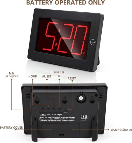 ساعة حائط رقمية LED من Timegyro تعمل بالبطارية - ساعة رقمية كبيرة الحجم، سطوع قابل للتعديل، مثبتة على الحائط أو الطاولة in Kuwait