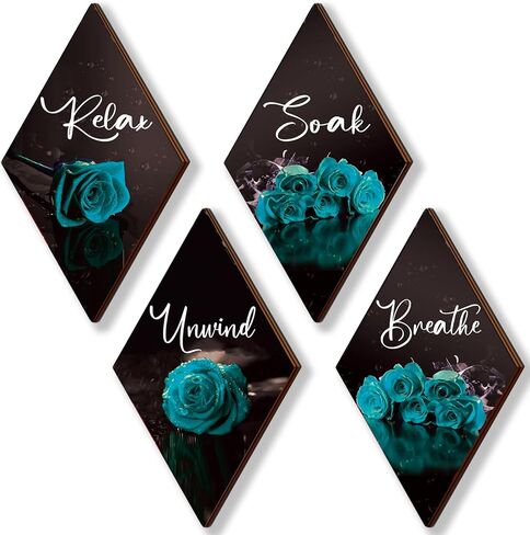 ONIZHITY Set of 4 Blue Bathroom Decor Rose Wooden Wall Decor Flower Rustic Romantic Floral Farmhouse Blue Wall Decor Modern Breathe Soak Unwind Relax Signs for Room Kitchen Bathroom (blue 12 x 7) in Kuwait