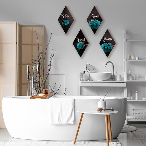 ONIZHITY Set of 4 Blue Bathroom Decor Rose Wooden Wall Decor Flower Rustic Romantic Floral Farmhouse Blue Wall Decor Modern Breathe Soak Unwind Relax Signs for Room Kitchen Bathroom (blue 12 x 7) in Kuwait
