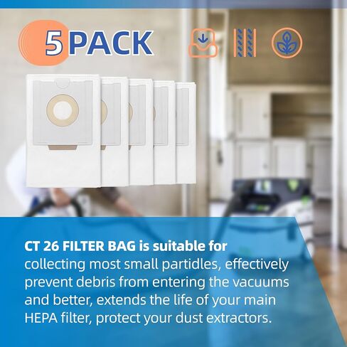 أكياس فلتر 496187 CT 26 متوافقة مع Festool CT CTL CTM 26 E أكياس فلتر ذاتية التنظيف لمستخرج الغبار لأكياس Festool الكهربائية - 5 عبوات in Kuwait