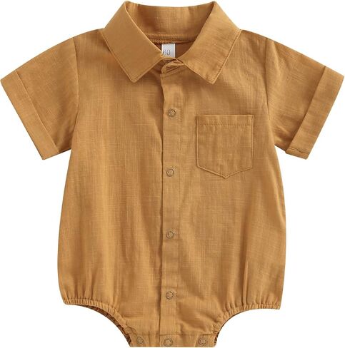 Newborn Baby Boy Cotton Linen Shirt Bodysuit Solid Color Short Sleeve Button Down Bubble Romper Summer Clothes in Kuwait
