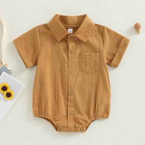Newborn Baby Boy Cotton Linen Shirt Bodysuit Solid Color Short Sleeve Button Down Bubble Romper Summer Clothes in Kuwait