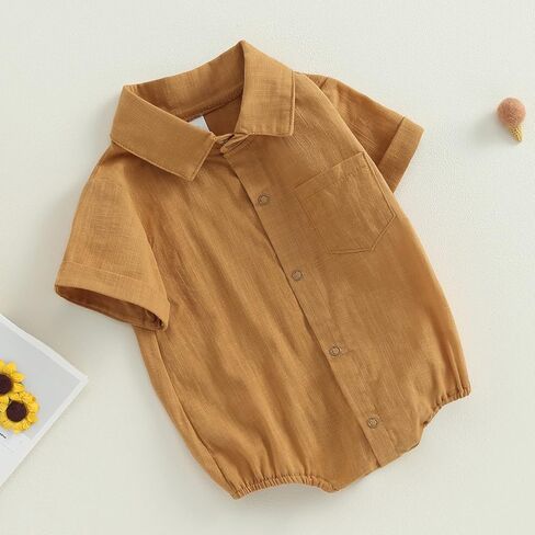 Newborn Baby Boy Cotton Linen Shirt Bodysuit Solid Color Short Sleeve Button Down Bubble Romper Summer Clothes in Kuwait