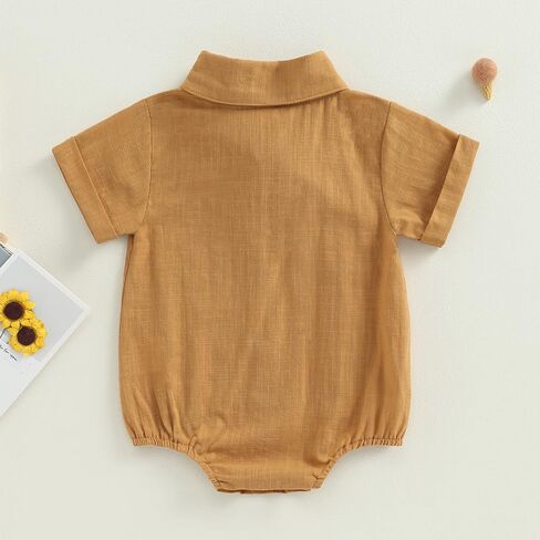 Newborn Baby Boy Cotton Linen Shirt Bodysuit Solid Color Short Sleeve Button Down Bubble Romper Summer Clothes in Kuwait
