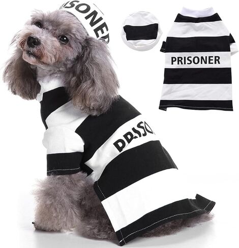 Prisoner Dog Costume Prison Pooch Dog Halloween Costumes, Halloween Costume for Small Medium Dogs, Pet Prisoner Costume with Hat for Halloween Christmas Birthday Party Photo Props Accessories in Kuwait