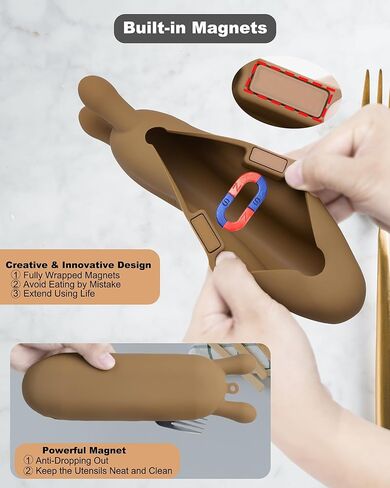 حافظة أدوات سيليكون، حافظة أدوات فضية مغناطيسية مقاومة للماء والغبار من Hitseon لمجموعة أدوات الطعام، حامل أدوات محمول قابل لإعادة الاستخدام لصندوق الغداء والتخييم الفضيات (كاكي) in Kuwait