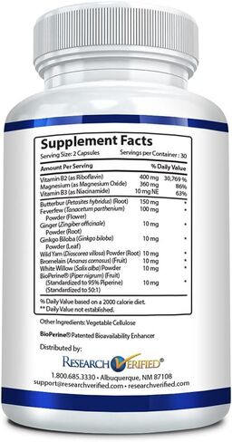 تم التحقق من الأبحاث لتخفيف الصداع النصفي - مكمل ثنائي المفعول - يقلل من شدته ومدته، ويوازن الهرمونات - مع الزنجبيل والجينكو بيلوبا - 60 كبسولة في كل زجاجة - كمية تكفي لمدة 3 أشهر in Kuwait