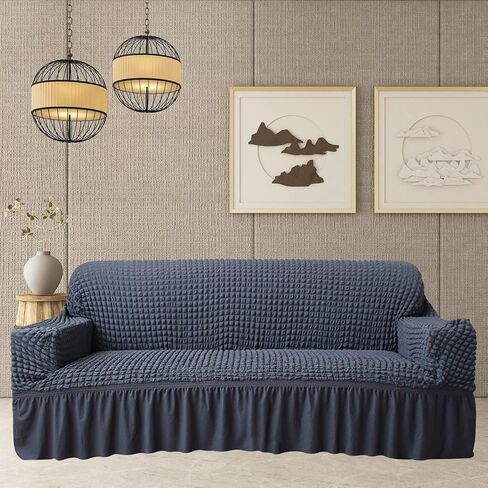 غطاء أريكة من Neween غطاء أريكة رمادي قطعة واحدة غطاء أريكة أريكة سهل التركيب غطاء عالمي عالي التمدد متين لحماية الأثاث مع تنورة طراز ريفي عتيق (3 مقاعد، رمادي) in Kuwait