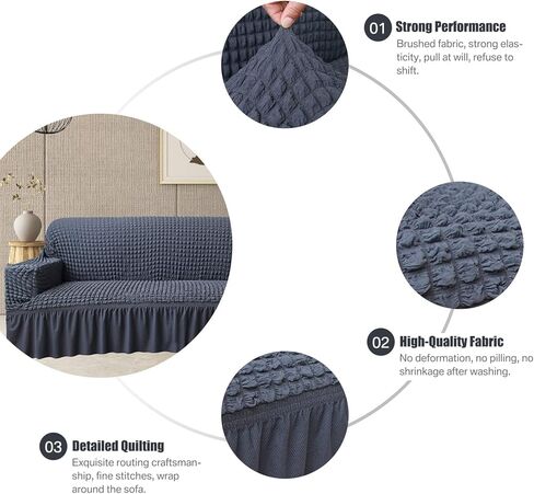 غطاء أريكة من Neween غطاء أريكة رمادي قطعة واحدة غطاء أريكة أريكة سهل التركيب غطاء عالمي عالي التمدد متين لحماية الأثاث مع تنورة طراز ريفي عتيق (3 مقاعد، رمادي) in Kuwait