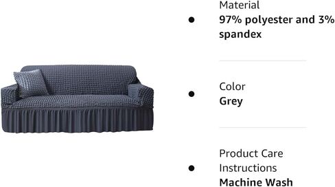 غطاء أريكة من Neween غطاء أريكة رمادي قطعة واحدة غطاء أريكة أريكة سهل التركيب غطاء عالمي عالي التمدد متين لحماية الأثاث مع تنورة طراز ريفي عتيق (3 مقاعد، رمادي) in Kuwait