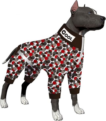 LovinPet Dog Bodysuit، بذلة ما بعد الجراحة لملابس الكلاب، تغطية كاملة للكلاب مع حزام عاكس، دوائر حلوى قابلة للتنفس، بيجامة مطبوعة باللون الأبيض والرمادي والأسود والأحمر للكلاب الكبيرة مقاس L in Kuwait