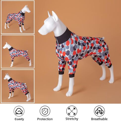 LovinPet Dog Bodysuit، بذلة ما بعد الجراحة لملابس الكلاب، تغطية كاملة للكلاب مع حزام عاكس، دوائر حلوى قابلة للتنفس، بيجامة مطبوعة باللون الأبيض والرمادي والأسود والأحمر للكلاب الكبيرة مقاس L in Kuwait