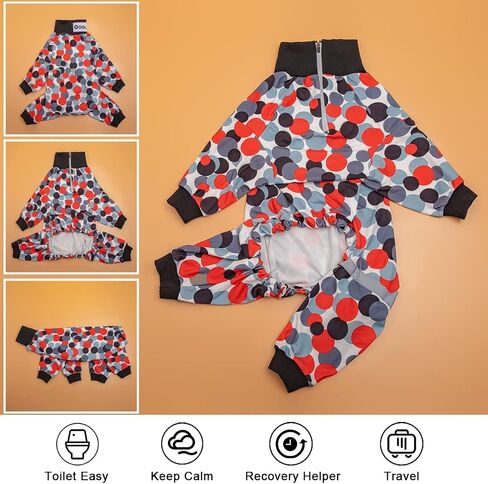 LovinPet Dog Bodysuit، بذلة ما بعد الجراحة لملابس الكلاب، تغطية كاملة للكلاب مع حزام عاكس، دوائر حلوى قابلة للتنفس، بيجامة مطبوعة باللون الأبيض والرمادي والأسود والأحمر للكلاب الكبيرة مقاس L in Kuwait