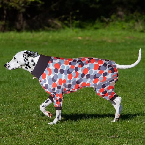 LovinPet Dog Bodysuit، بذلة ما بعد الجراحة لملابس الكلاب، تغطية كاملة للكلاب مع حزام عاكس، دوائر حلوى قابلة للتنفس، بيجامة مطبوعة باللون الأبيض والرمادي والأسود والأحمر للكلاب الكبيرة مقاس L in Kuwait