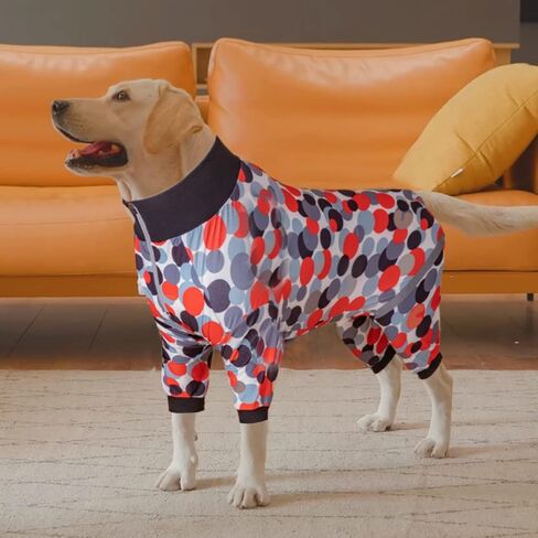 LovinPet Dog Bodysuit، بذلة ما بعد الجراحة لملابس الكلاب، تغطية كاملة للكلاب مع حزام عاكس، دوائر حلوى قابلة للتنفس، بيجامة مطبوعة باللون الأبيض والرمادي والأسود والأحمر للكلاب الكبيرة مقاس L in Kuwait