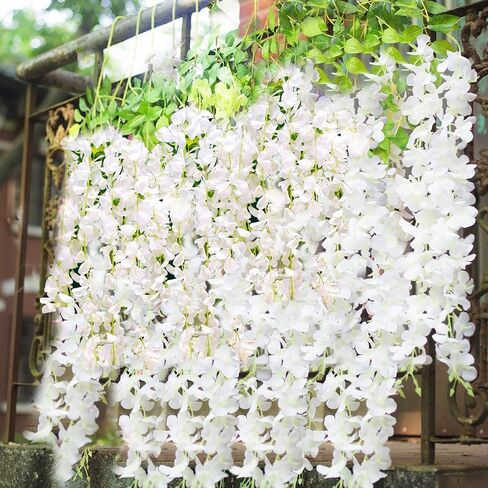 YAHUAA Wisteria Hanging Flowers, 12 Pack 45 inch Artificial Flower Fake Wisteria Vine Ratta Long Hanging Bush Garland Silk Flowers String Decorate Home Party Wedding Wall Vines for Bedroom (White) in Kuwait