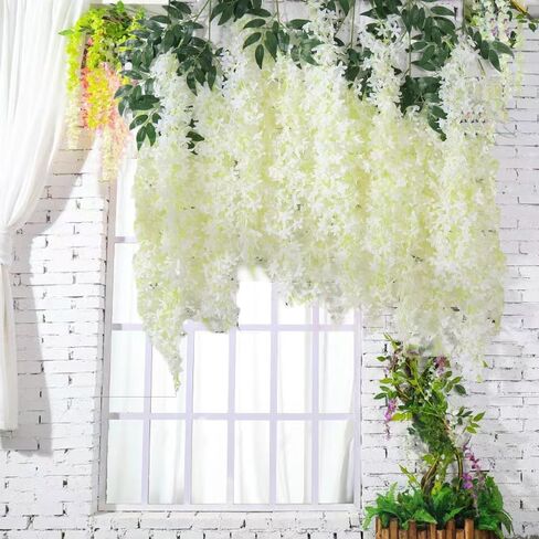 YAHUAA Wisteria Hanging Flowers, 12 Pack 45 inch Artificial Flower Fake Wisteria Vine Ratta Long Hanging Bush Garland Silk Flowers String Decorate Home Party Wedding Wall Vines for Bedroom (White) in Kuwait