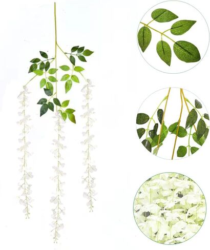 YAHUAA Wisteria Hanging Flowers, 12 Pack 45 inch Artificial Flower Fake Wisteria Vine Ratta Long Hanging Bush Garland Silk Flowers String Decorate Home Party Wedding Wall Vines for Bedroom (White) in Kuwait