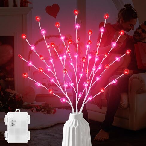 فروع مضاءة لعيد الحب مقاس 30 بوصة، 3 قطع فروع مضاءة مسبقًا للمزهريات مع 60 مصباح LED على شكل قلب، فروع غصين مضيئة تعمل بالبطارية للديكورات الرومانسية للمهرجانات الداخلية in Kuwait