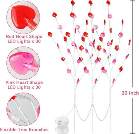 فروع مضاءة لعيد الحب مقاس 30 بوصة، 3 قطع فروع مضاءة مسبقًا للمزهريات مع 60 مصباح LED على شكل قلب، فروع غصين مضيئة تعمل بالبطارية للديكورات الرومانسية للمهرجانات الداخلية in Kuwait