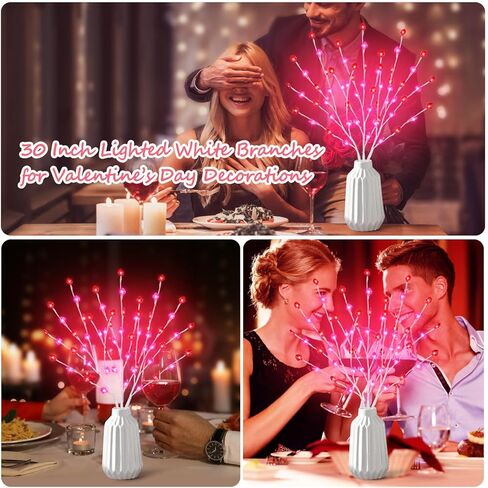 فروع مضاءة لعيد الحب مقاس 30 بوصة، 3 قطع فروع مضاءة مسبقًا للمزهريات مع 60 مصباح LED على شكل قلب، فروع غصين مضيئة تعمل بالبطارية للديكورات الرومانسية للمهرجانات الداخلية in Kuwait
