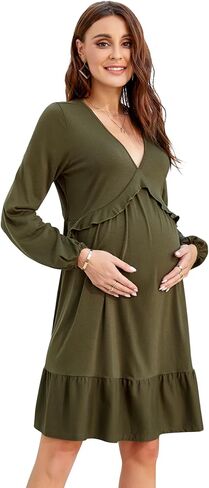 Coolmee Maternity Dress Women's Casual V Neck Long Sleeve High Waist Lotus Leaf Ruffle Swing Dress in Kuwait