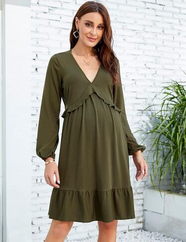 Coolmee Maternity Dress Women's Casual V Neck Long Sleeve High Waist Lotus Leaf Ruffle Swing Dress in Kuwait