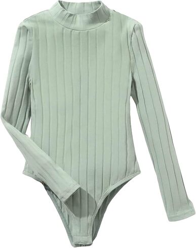 OYOANGLE Girl's Solid Mock Neck Long Sleeve Ribbed Knit T Shirt Bodysuit Top in Saudi Arabia