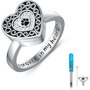peimko 925 الفضة الاسترليني حلقات جرة القلب محفورة إلى الأبد في قلبي مخلب طباعة جرة الدائري، حرق الجثة تذكار جرة لرماد رماد الحيوانات الأليفة حجم 6-8 in Kuwait
