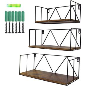 مجموعة ارفف حائط عائمة مكونة من 3 قطع، مصنوعة من خشب الجوز الداكن الريفي مع سلك معدني، رف تخزين منظم للمنزل وغرفة النوم وبجانب السرير والمطبخ والحمام وغرفة المعيشة in Kuwait