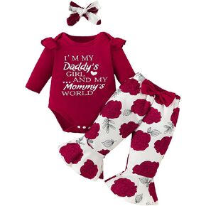 ملابس LUJENGEFA لحديثي الولادة من البنات بأكمام طويلة مكشكشة وسراويل متوهجة بالزهور مع عصابة رأس 3 قطعة ملابس الخريف in Kuwait