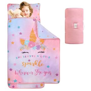 Wowelife Toddler Nap Mat with Pillow and Blanket, Purple Mermaid Nap Mat for Girls, Preschool Nap Mats for Daycare, Happy Napper, Kindergarten Sleeping Bag, Happy Napper