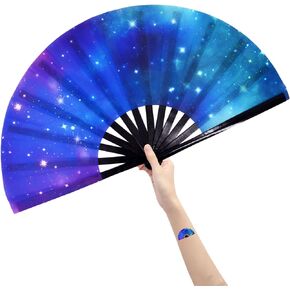 Amajiji Large Folding Fans Rave Festival Accessories for WomenMen, Chinease/Japanese Bamboo and Nylon-Cloth Perform Fan Hand Fan Gift Fan Craft Fan Dance Fan (AM1)