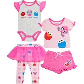 Sesame Streeet baby-girls 4 Piece Set - Short Sleeves T-shirt, Legging Pants With Tutu Skirt, Onepiece Bodysuit, Shorts in Kuwait