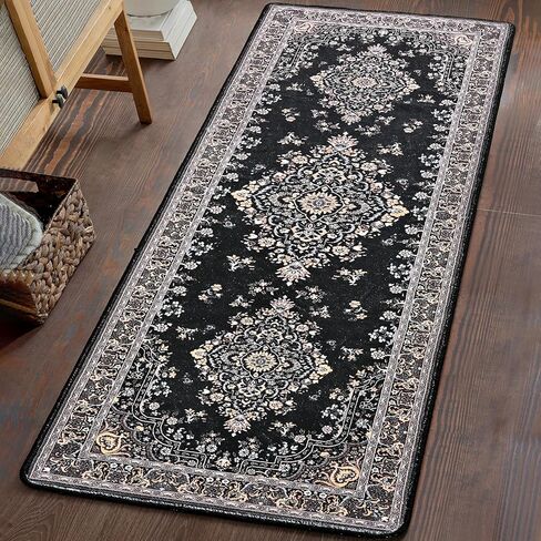 Chicrug Luxury 2x6 Runner Rug for Bedroom, Black TPR Non Slip Washable Hallway Carpet Runner Rug, Vintage Floral Indoor Floor Entryway Carpet Rug for Kitchen Bedside Living Laundry Room Decor in Kuwait