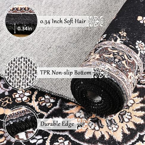 Chicrug Luxury 2x6 Runner Rug for Bedroom, Black TPR Non Slip Washable Hallway Carpet Runner Rug, Vintage Floral Indoor Floor Entryway Carpet Rug for Kitchen Bedside Living Laundry Room Decor in Kuwait