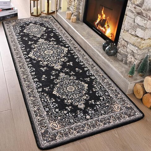 Chicrug Luxury 2x6 Runner Rug for Bedroom, Black TPR Non Slip Washable Hallway Carpet Runner Rug, Vintage Floral Indoor Floor Entryway Carpet Rug for Kitchen Bedside Living Laundry Room Decor in Kuwait