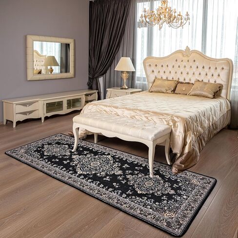 Chicrug Luxury 2x6 Runner Rug for Bedroom, Black TPR Non Slip Washable Hallway Carpet Runner Rug, Vintage Floral Indoor Floor Entryway Carpet Rug for Kitchen Bedside Living Laundry Room Decor in Kuwait