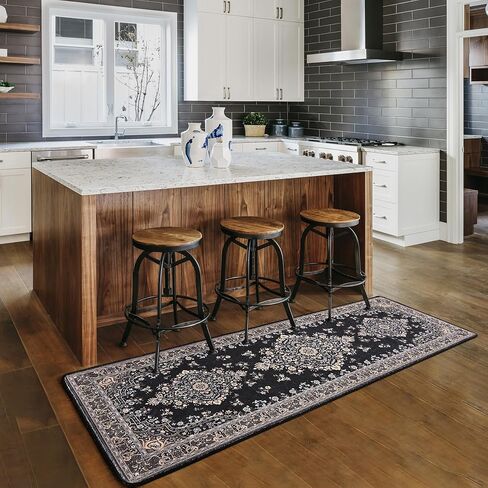 Chicrug Luxury 2x6 Runner Rug for Bedroom, Black TPR Non Slip Washable Hallway Carpet Runner Rug, Vintage Floral Indoor Floor Entryway Carpet Rug for Kitchen Bedside Living Laundry Room Decor in Kuwait