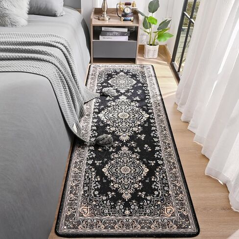 Chicrug Luxury 2x6 Runner Rug for Bedroom, Black TPR Non Slip Washable Hallway Carpet Runner Rug, Vintage Floral Indoor Floor Entryway Carpet Rug for Kitchen Bedside Living Laundry Room Decor in Kuwait