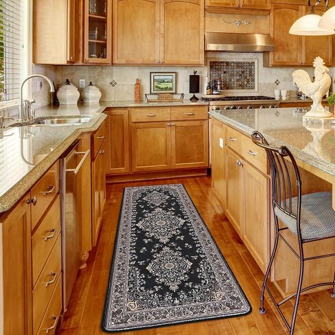 Chicrug Luxury 2x6 Runner Rug for Bedroom, Black TPR Non Slip Washable Hallway Carpet Runner Rug, Vintage Floral Indoor Floor Entryway Carpet Rug for Kitchen Bedside Living Laundry Room Decor in Kuwait