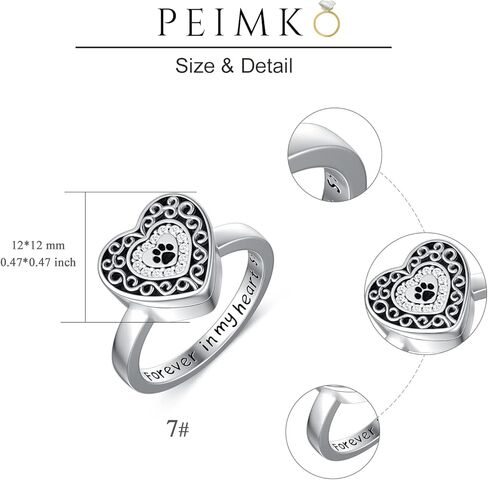 peimko 925 الفضة الاسترليني حلقات جرة القلب محفورة إلى الأبد في قلبي مخلب طباعة جرة الدائري، حرق الجثة تذكار جرة لرماد رماد الحيوانات الأليفة حجم 6-8 in Kuwait
