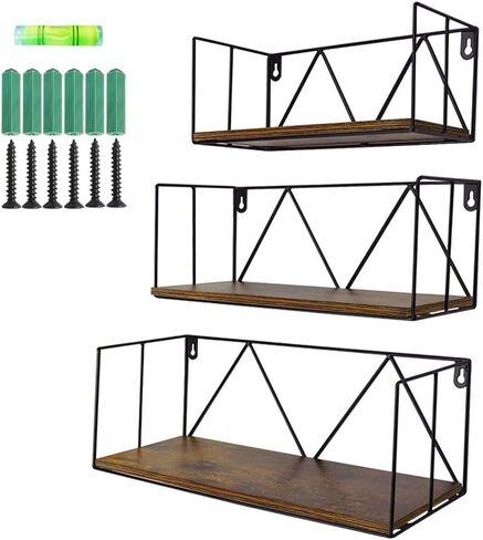 مجموعة ارفف حائط عائمة مكونة من 3 قطع، مصنوعة من خشب الجوز الداكن الريفي مع سلك معدني، رف تخزين منظم للمنزل وغرفة النوم وبجانب السرير والمطبخ والحمام وغرفة المعيشة in Kuwait