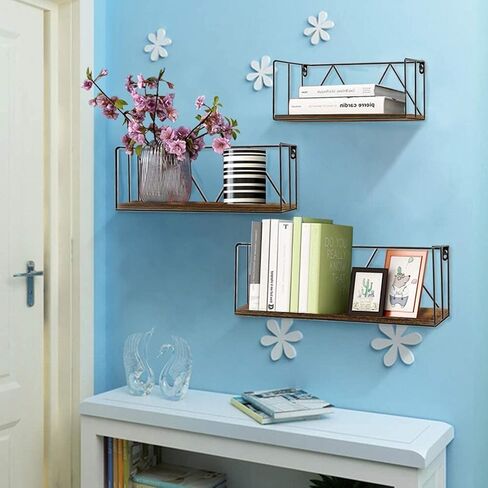 مجموعة ارفف حائط عائمة مكونة من 3 قطع، مصنوعة من خشب الجوز الداكن الريفي مع سلك معدني، رف تخزين منظم للمنزل وغرفة النوم وبجانب السرير والمطبخ والحمام وغرفة المعيشة in Kuwait