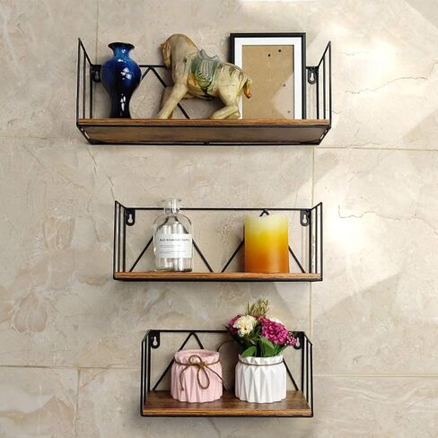 مجموعة ارفف حائط عائمة مكونة من 3 قطع، مصنوعة من خشب الجوز الداكن الريفي مع سلك معدني، رف تخزين منظم للمنزل وغرفة النوم وبجانب السرير والمطبخ والحمام وغرفة المعيشة in Kuwait