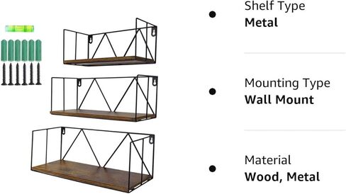 مجموعة ارفف حائط عائمة مكونة من 3 قطع، مصنوعة من خشب الجوز الداكن الريفي مع سلك معدني، رف تخزين منظم للمنزل وغرفة النوم وبجانب السرير والمطبخ والحمام وغرفة المعيشة in Kuwait