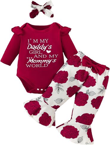 ملابس LUJENGEFA لحديثي الولادة من البنات بأكمام طويلة مكشكشة وسراويل متوهجة بالزهور مع عصابة رأس 3 قطعة ملابس الخريف in Kuwait