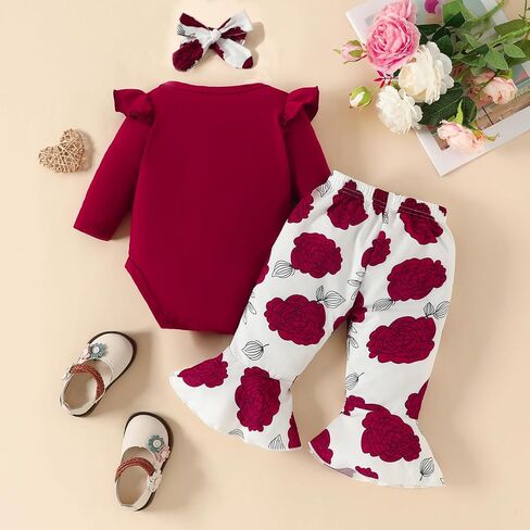 ملابس LUJENGEFA لحديثي الولادة من البنات بأكمام طويلة مكشكشة وسراويل متوهجة بالزهور مع عصابة رأس 3 قطعة ملابس الخريف in Kuwait