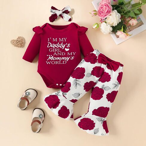 ملابس LUJENGEFA لحديثي الولادة من البنات بأكمام طويلة مكشكشة وسراويل متوهجة بالزهور مع عصابة رأس 3 قطعة ملابس الخريف in Kuwait