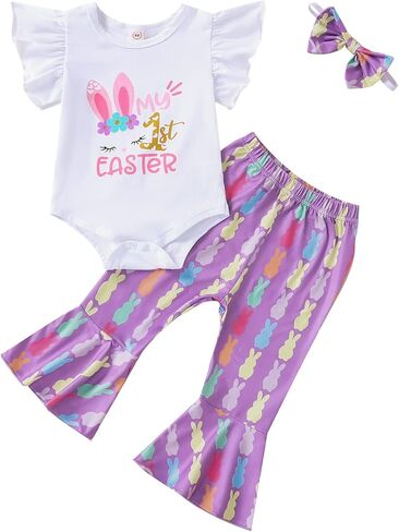 Newborn Baby Girl Easter Outfit Ruffle My 1st Easter Romper Bodysuit Bunny Flared Pants Headband Set 0-18M in Saudi Arabia